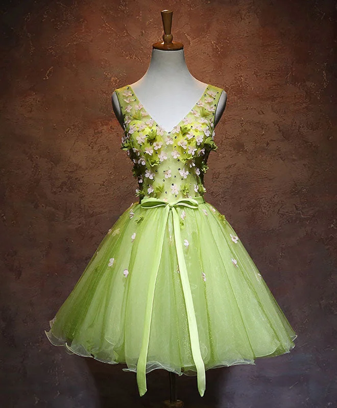 empire waist prom dressesGreen V Neck Tulle Short Prom Dress, Green Homecoming Dress