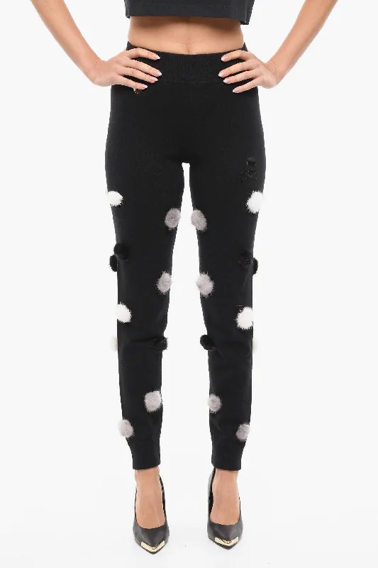 women's silk pantsPhilipp Plein Wool Blend SKULL Sweatpants with Fur Pon Pon