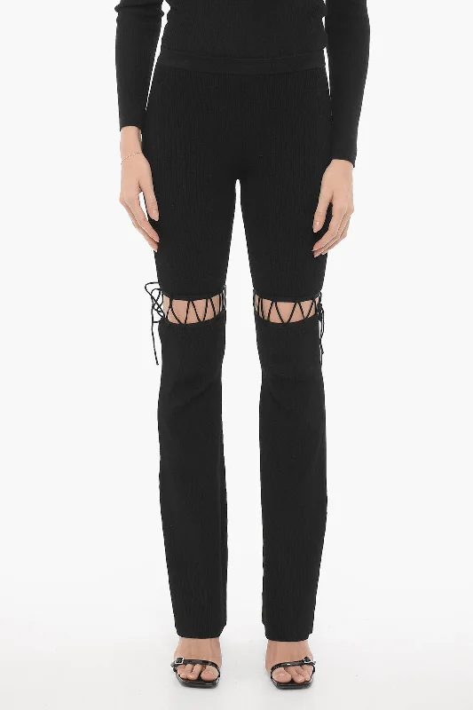 women's patched pantsNensi Dojaka Ribbed Flared Pants with Lace-up Detail