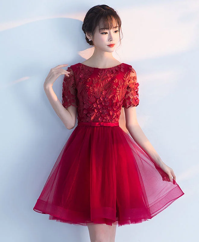 spaghetti strap prom dressesBurgundy Round Neck Tulle Lace Short Prom Dress, Burgundy Homecoming Dress