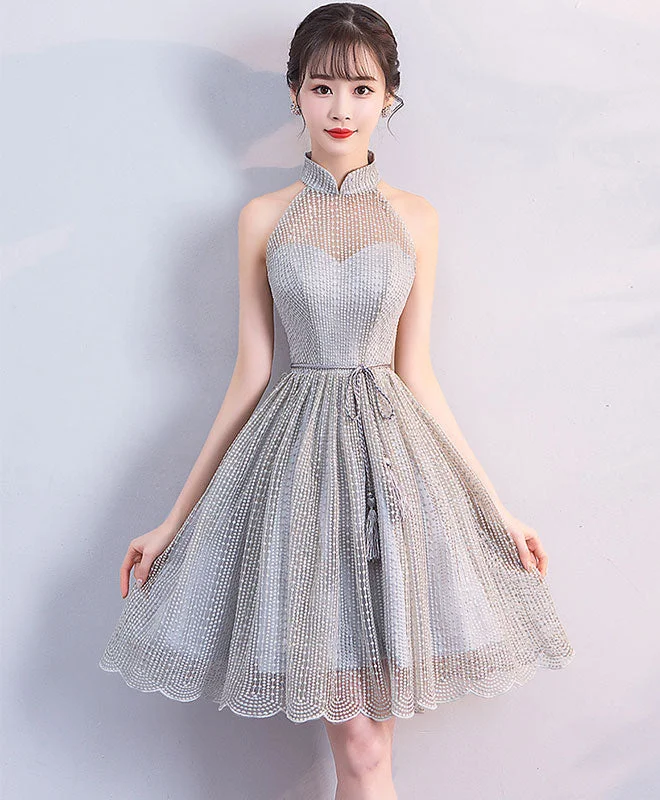 luxury prom dressesGray High Neck Short Prom Dress, Gray Homecoming Dress