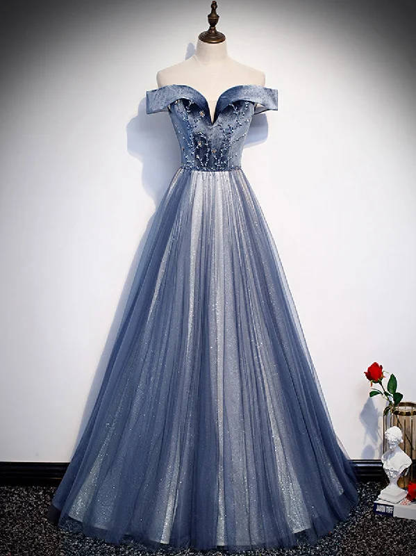 bespoke prom dressesBlue Tulle Beads Long Prom Dress, Blue Tulle Formal Dress