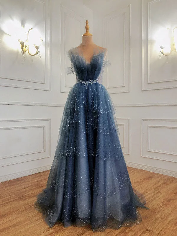 halter neck prom dressesGray Blue Tulle Beads Long Prom Dress, Blue Tulle Formal Dress