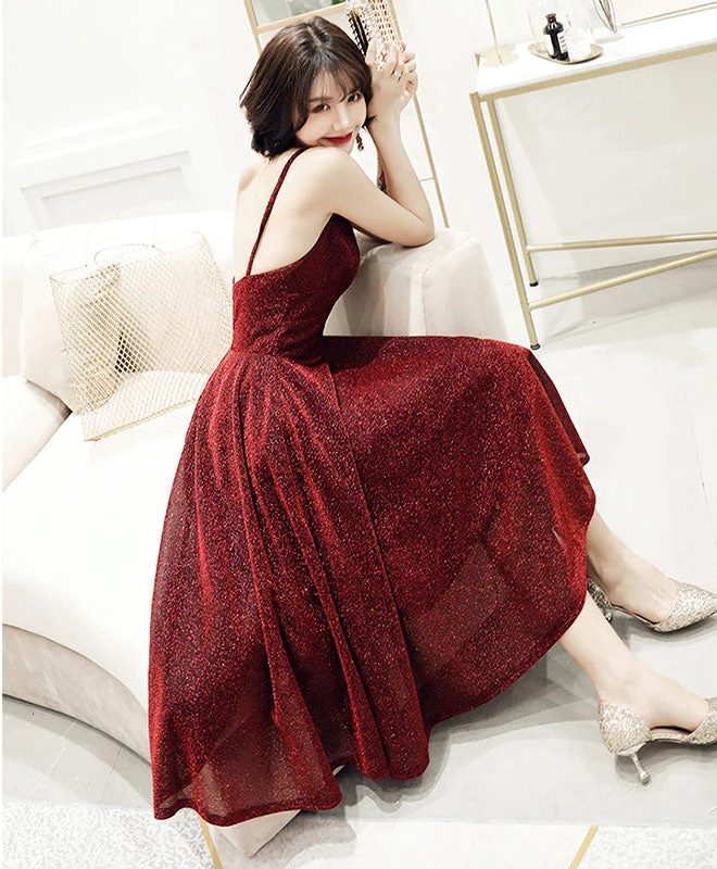 plus-size prom dressesSimple V Neck Tulle Sequin Short Prom Dress, Burgundy Homecoming Dress