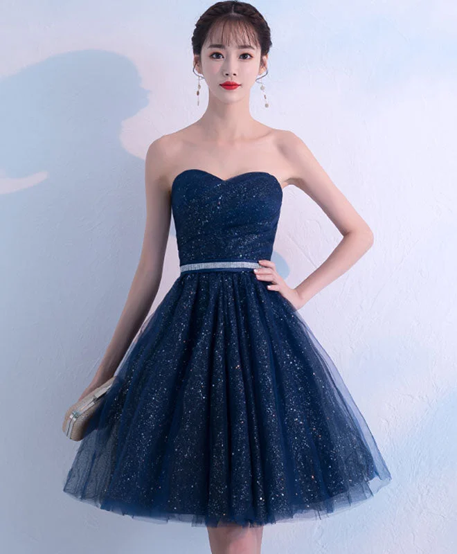 flutter sleeve prom dressesDark Blue Sweetheart Tulle Short Prom Dress, Blue Homecoming Dress