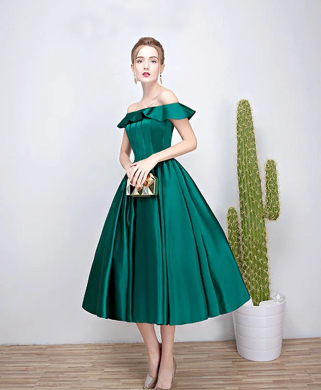 mermaid prom dressesGreen Satin Short Prom Dress, Green Tea Length Homecoming Dresses