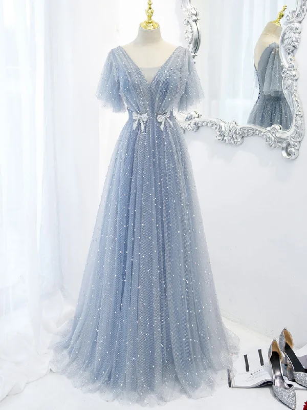 flowy prom dressesBlue V Neck Tulle Beads Long Prom Dress, Blue Tulle Formal Dress