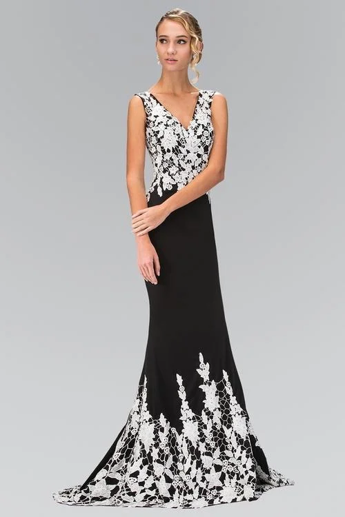 Formal Dress for Eco-Friendly ThemesElizabeth K - GL1408 Contrast Lace Ornate Sheath Gown