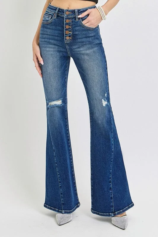 women's denim jeans with zippersRISEN Distressed Button-Fly Flare Jeans