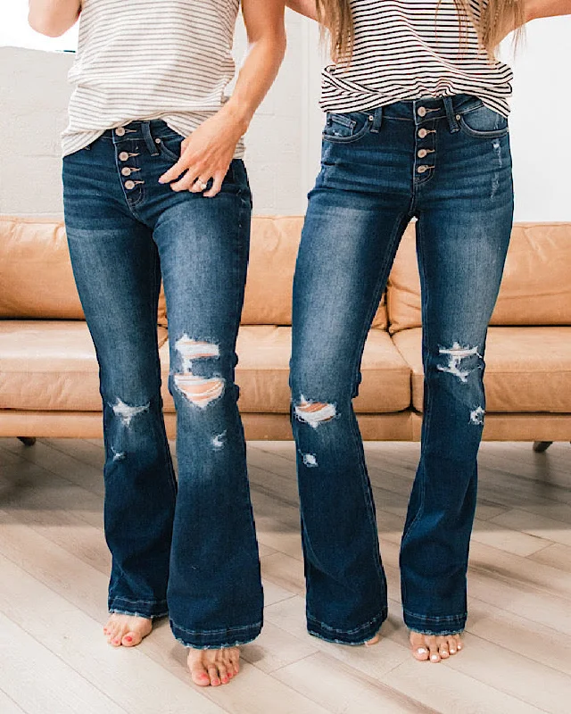 women's denim jeans with floral embroideryKanCan Kennedy Dark Wash Distressed Flare Jeans - Regular & Petite