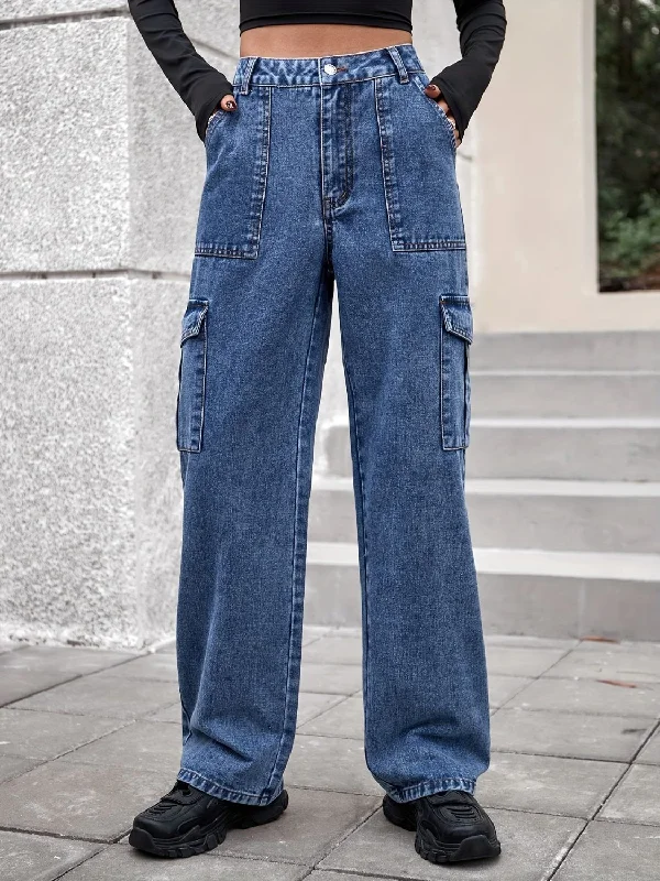 women's denim jeans for a night outHigh Rise Straight Jeans with Cargo Pockets