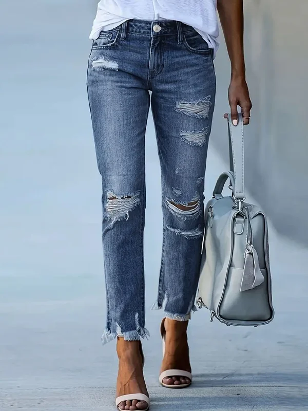 women's denim jeans for a bohemian lookDistressed Raw Hem Jeans with Pockets