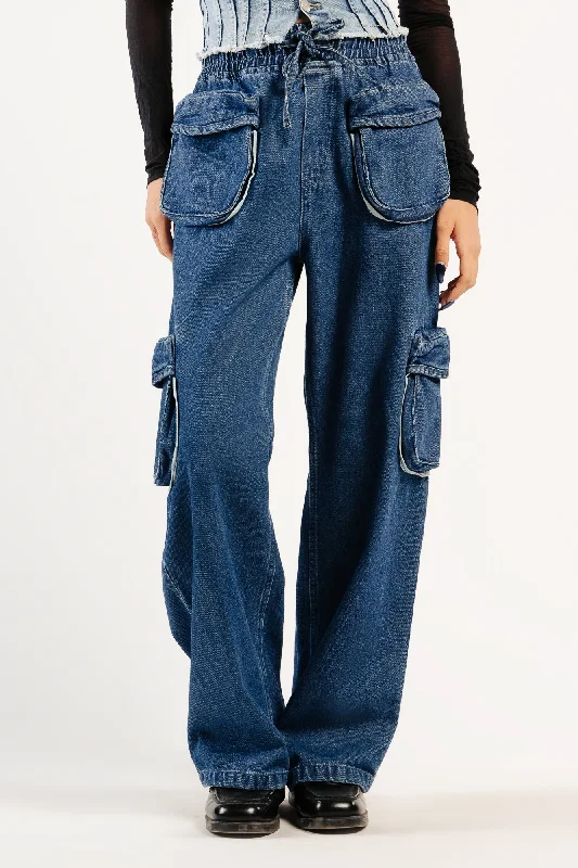 women's denim jeans for a cozy weekendDenim Contrast Piping Cargo Pants