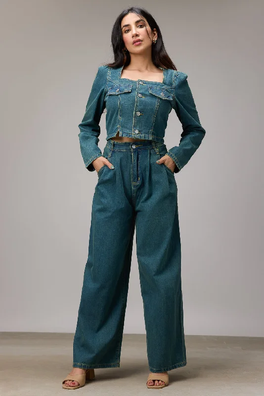 women's denim jeans with animal printsDouble Belted Denim Wide Leg Jeans