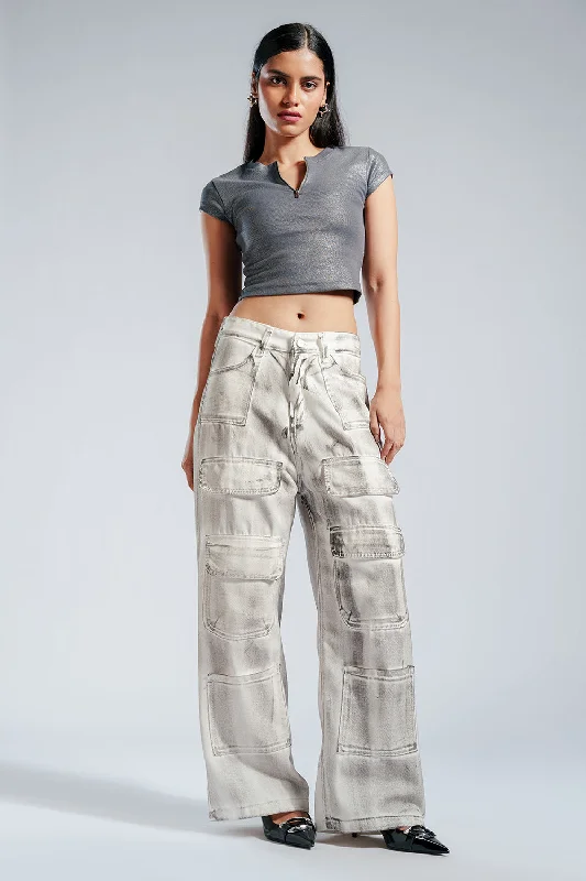 women's high-waisted denim jeansRustic White Multi Pocket Cargo Jeans