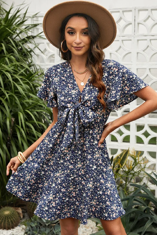 wrap floral Mimi dresses for a flattering silhouetteFloral Tied V-Neck Flutter Sleeve Mini Dress