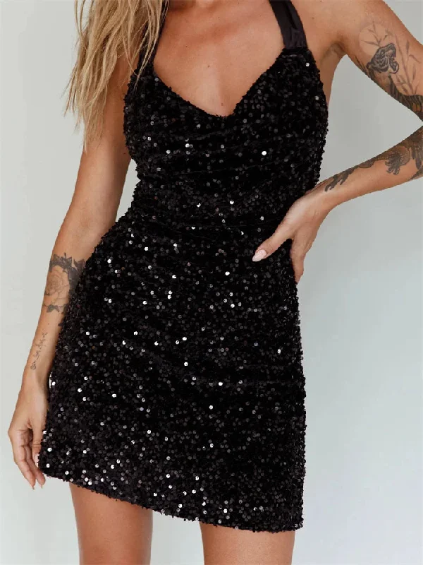 plus-size Mimi dresses in stockGlitter Halter Party Sexy Sequined Tie-Up Mini Dresses