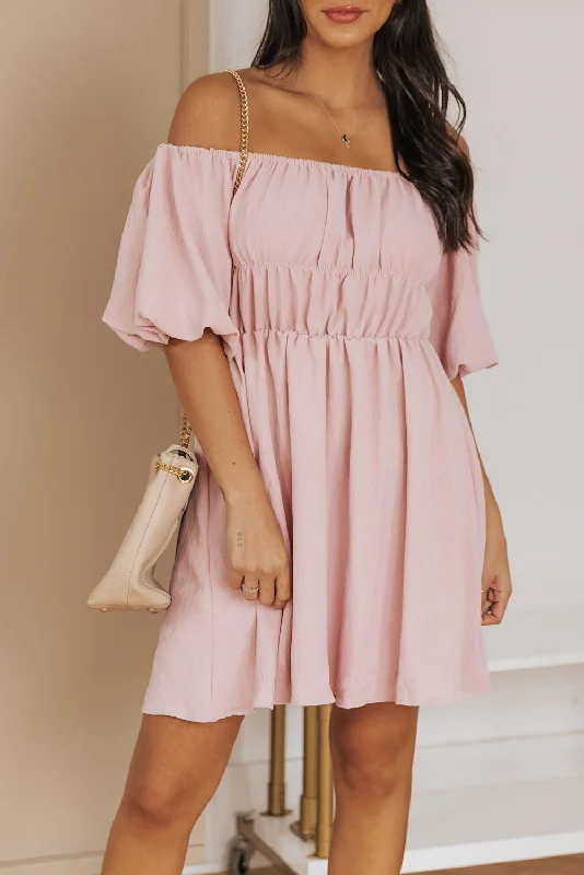 cotton and linen Mimi dresses for breezy summer wearOff-Shoulder Balloon Sleeve Mini Dress