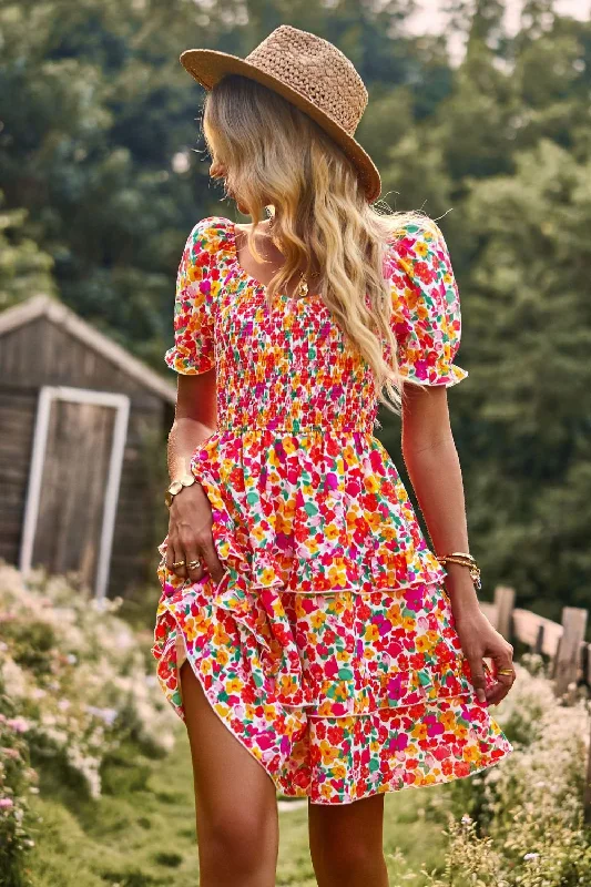 xx-large floral Mimi dresses for full-figured womenSmocked Sweetheart Neck Flounce Sleeve Mini Dress