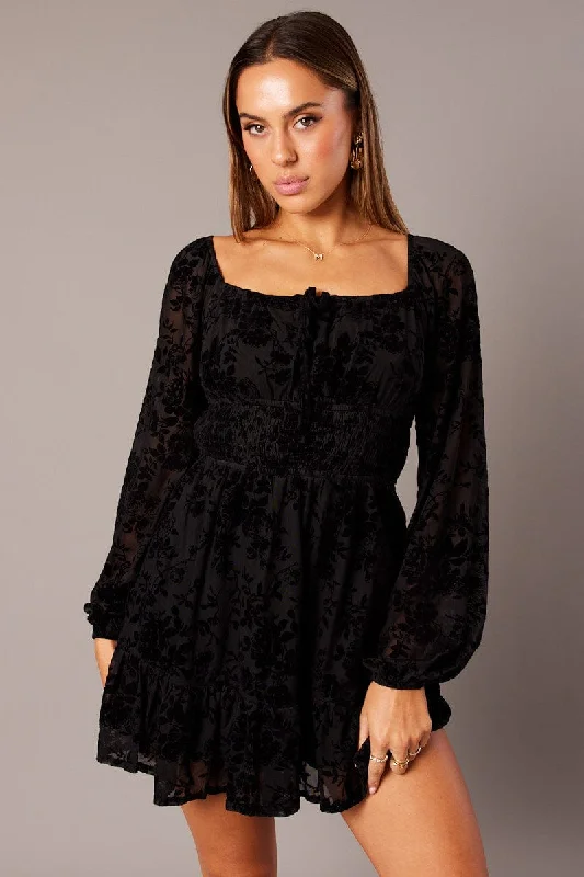 Formal Bridal Long Sleeves DressBlack Fit and Flare Dress Long Sleeve Burn Out