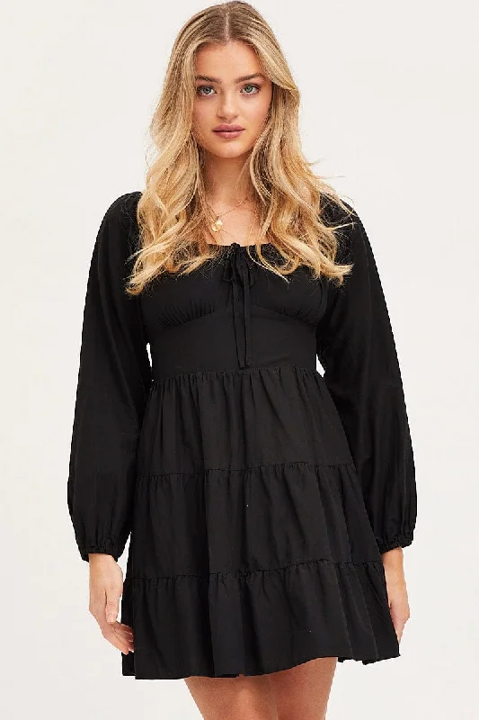 Flowery Print Long Sleeves DressBlack Fit And Flare Dress Long Sleeve Square Neck