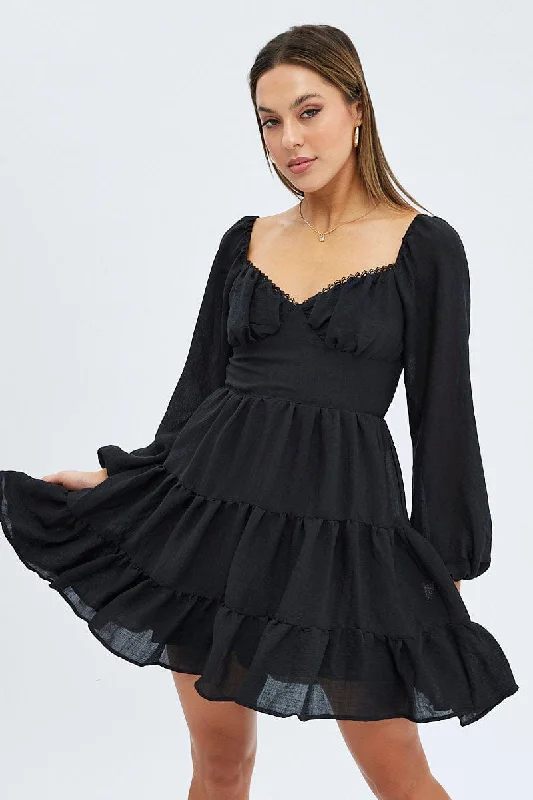 Formal Party Long Sleeves DressBlack Fit and Flare Dress Long Sleeve Tiered