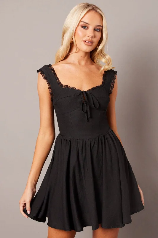 Sleeveless Dress With Balloon Sleeves (detachable)Black Fit and Flare Dress Sleeveless Lace Trim