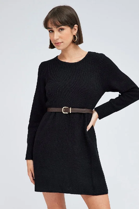 Fancy Crepe Long Sleeves DressBlack Knit Dress Long Sleeve