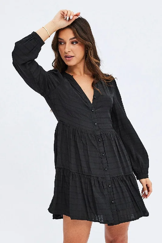 Fitted Silk Long Sleeves DressBlack Shirts Dress Long Sleeve