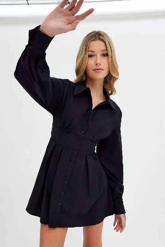 Full Coverage Long Sleeves DressBlack Shirts Dress Long Sleeve Poplin