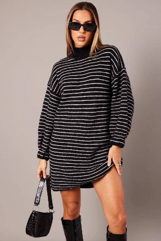 Flowing Long Sleeves Prom DressBlack Stripe Knit Dress Long Sleeve Turtleneck Oversized