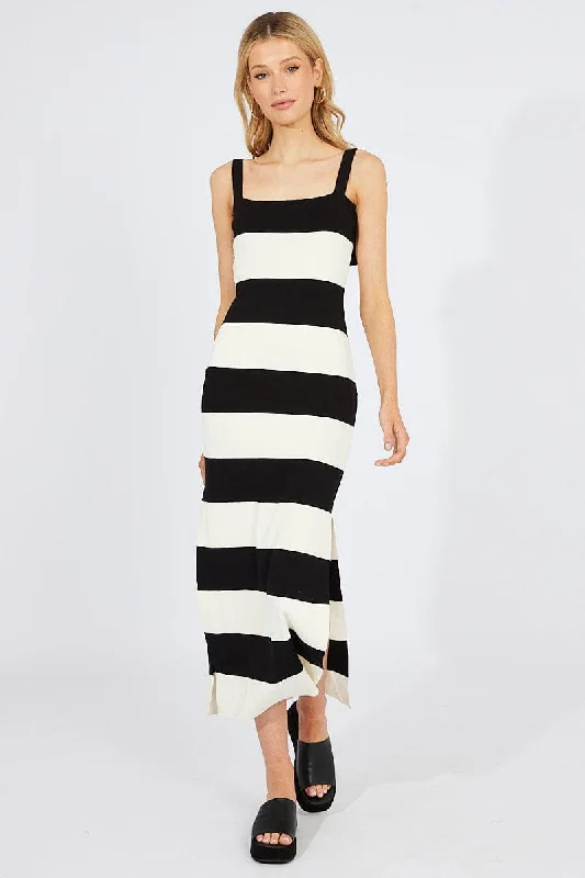 Sleeveless Dress Mother Of The BrideBlack Stripe Knit Dress Sleeveless Tie Shoulder