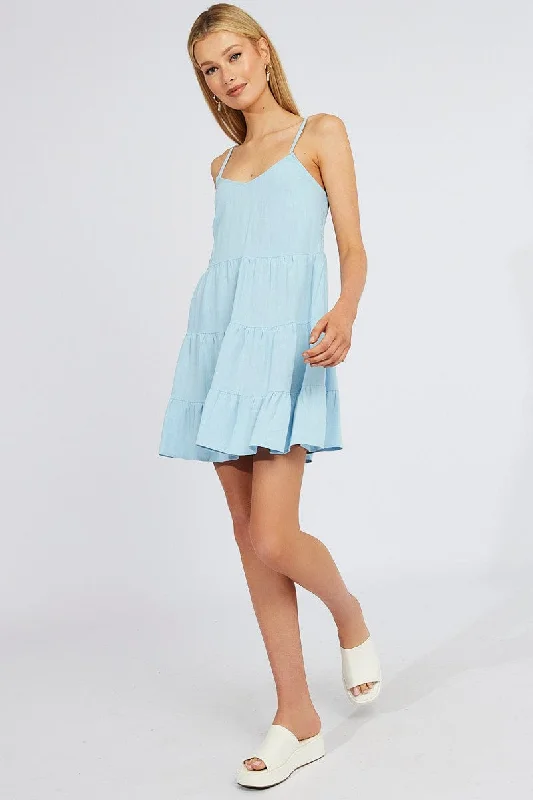 Sleeveless Dress With Mermaid TailBlue Fit and Flare Dress Sleeveless Tiered