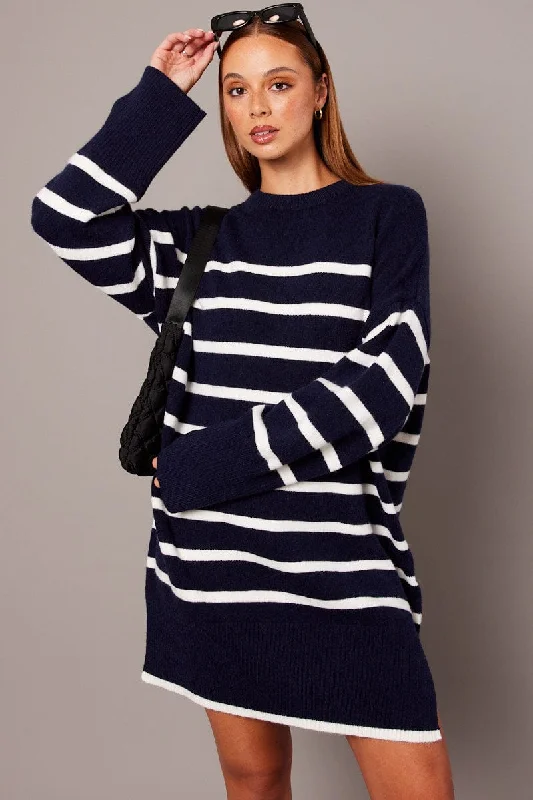 Fuzzy Wool Long Sleeves DressBlue Stripe Knit Dress Long Sleeve