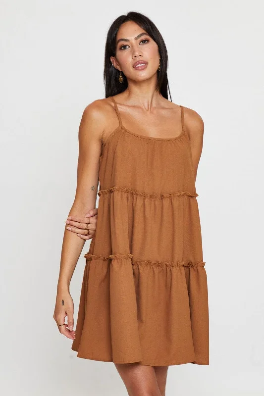 Sleeveless Dress In LinenBrown Fit And Flare Dress Sleeveless Tie Shoulder