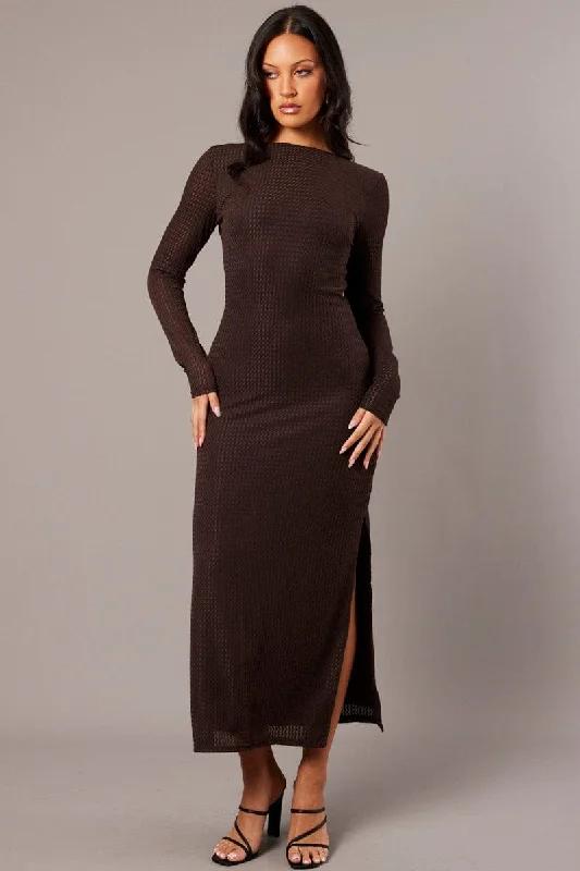 Flirty Long Sleeves Cold-Shoulder DressBrown Textured Dress Long Sleeve