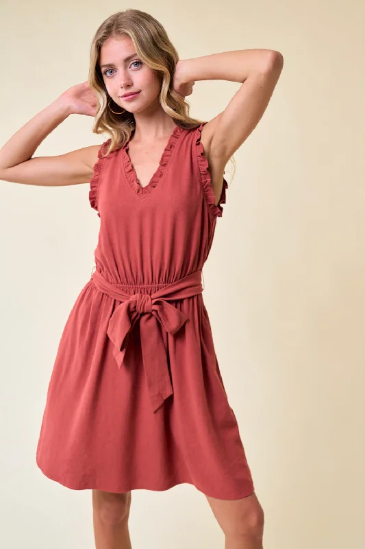 Sleeveless Dress AffordableShort Sleeveless V Neck Tie Front Dress