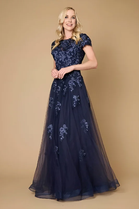 trendy wedding dressesDylan & Davids Long Lace Navy Mother of the Bride Dress