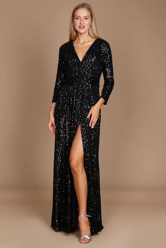 Flexible Long Sleeves DressDylan & Davids Long Sleeve Sequin Formal Hand Beaded Dress Black