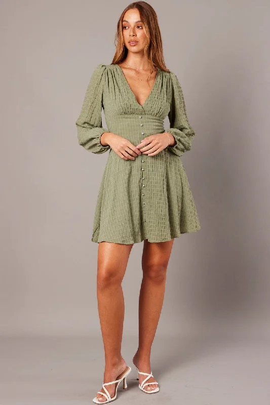 Fabulous Silk Long Sleeves DressGreen Fit And Flare Dress Long Sleeve