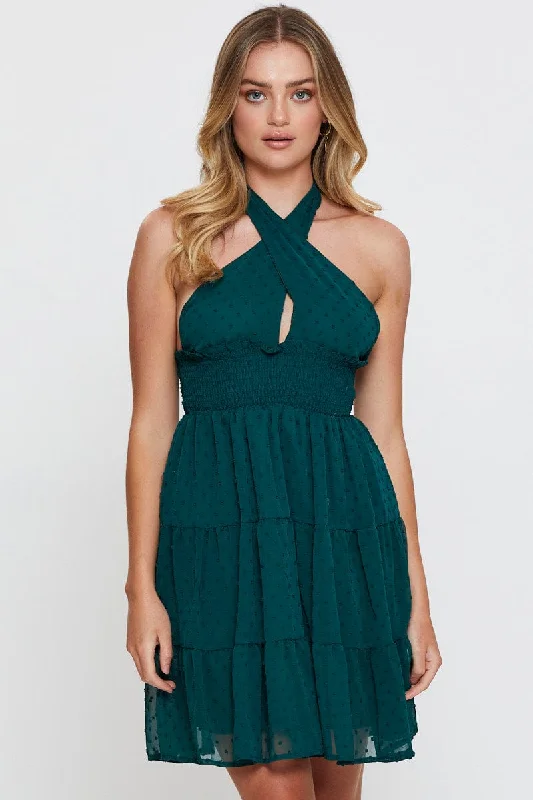 Sleeveless Dress QuinceaneraGreen Fit And Flare Dress Sleeveless Halter Neck