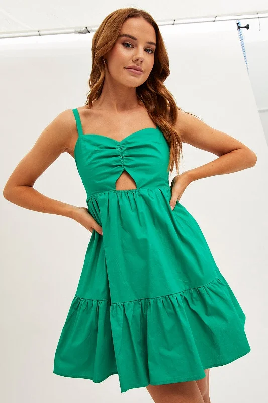 Sleeveless Dress In WovenGreen Fit And Flare Dress Sleeveless Ruched Bust