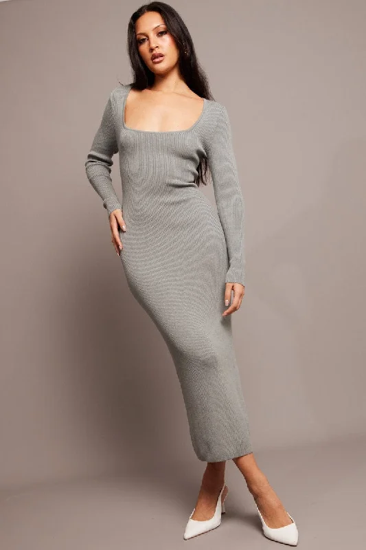 Fitted Long Sleeves High-Low DressGreen Knit Dress Long Sleeve