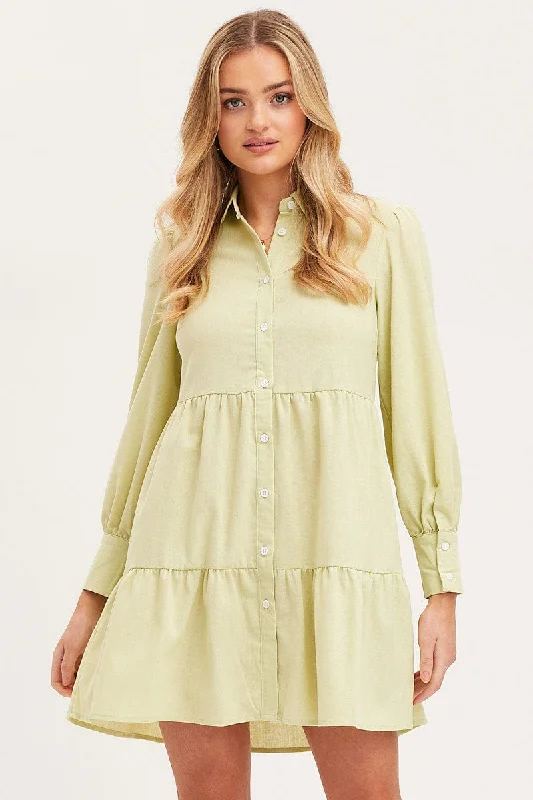 Fitted Long Sleeves High-Low DressGreen Shirt Dress Long Sleeve Button Front