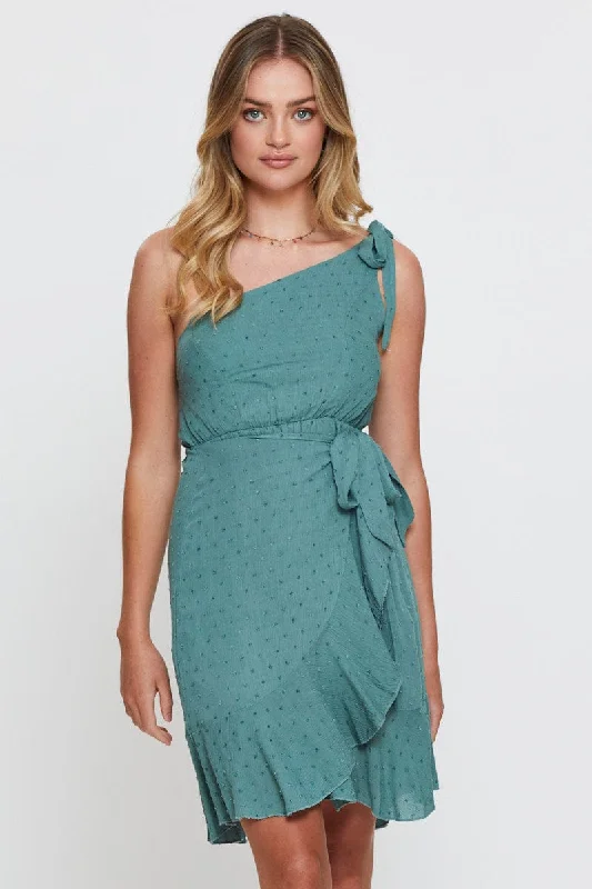 Sleeveless Dress With PearlsGreen Wrap Dress One Shoulder Sleeveless