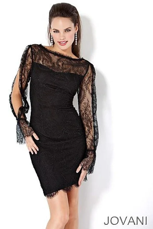 Flexible Long Sleeves Tunic DressJovani 171125 Lace Long Sleeve Short Cocktail Dress