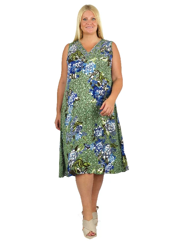 Sleeveless Dress With FlowersLa Cera Sleeveless V-Neck Artistic Floral Dress - Plus Size