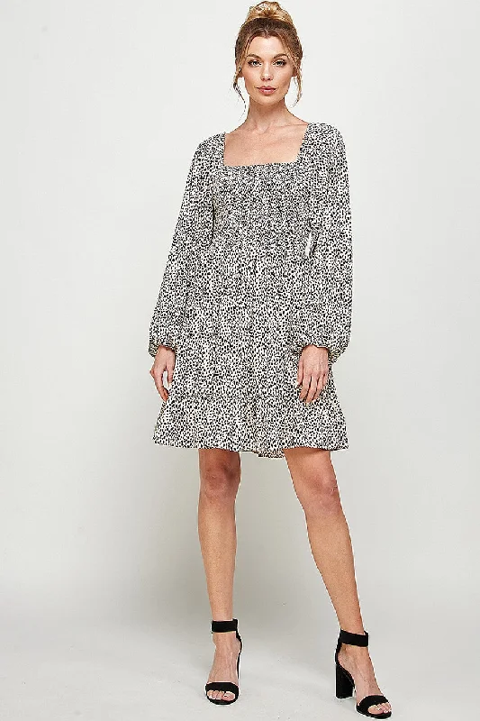 Fuzzy Long Sleeves Wrap DressLong Sleeve Cheetah Print Smocked Short Dress