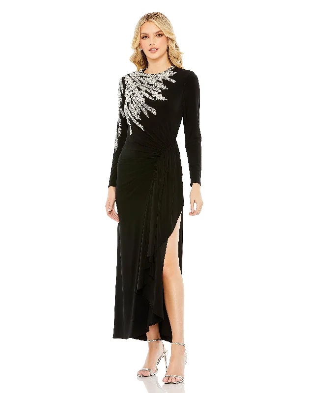 Flowing Long Sleeves Ruffle DressMac Duggal 42050 Beaded Long Sleeve Formal Tea Length Dress