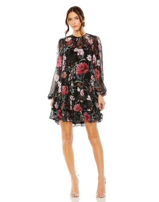 Fashionable Satin Long Sleeves DressMac Duggal 55075 Short Floral Print Long Sleeve Cocktail Dress